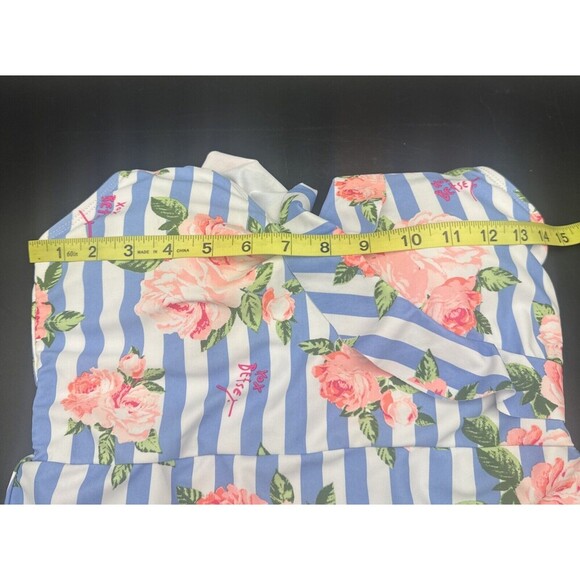 Betsey Johnson Pink Floral Blue Stripe Print Women’s One Piece Swimsuit Sz M - Picture 9 of 11